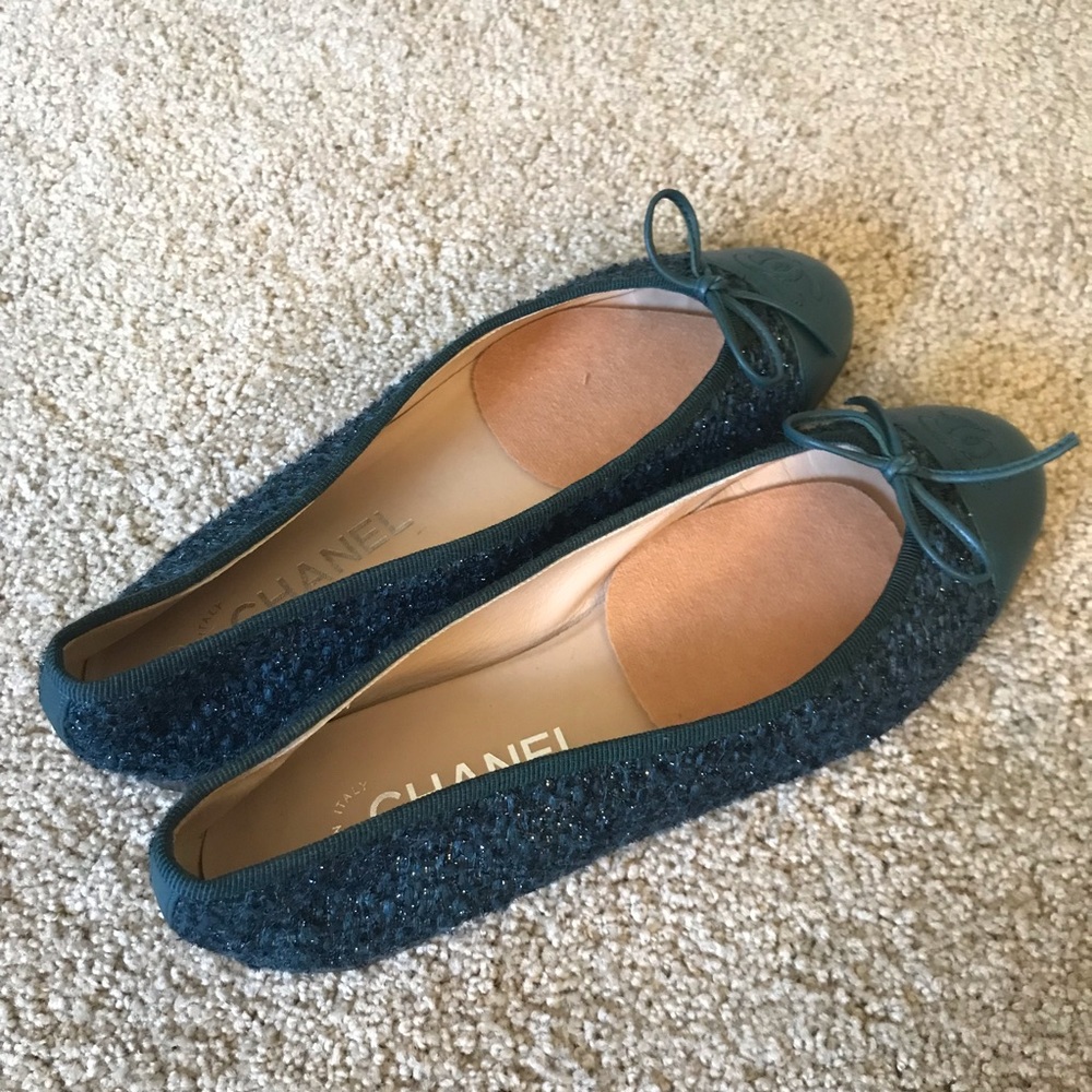 beautiful dark turquoise tweed chanel flats